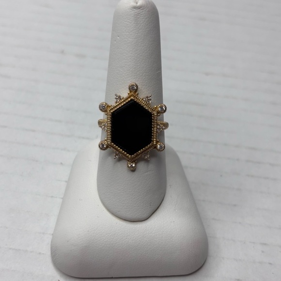 JUDITH RIPKA 14K Gold Black Onyx & Diamonique Hexagon Cut Ring Size 7 - Picture 1 of 7